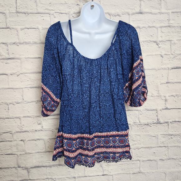 Japna Top Womens Size Small Cold Shoulder Boho Blue - Picture 5 of 14